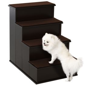 4 Levels Wooden Dog Steps Pet Stairs for High Bed, Cat Ladder for Bed Couch with Non-Slip Carpet, Dark Coffee